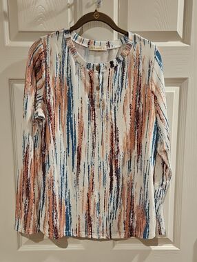 Fantasook Striped Brushstroke Long-Sleeve Top - White, Blue & Coral